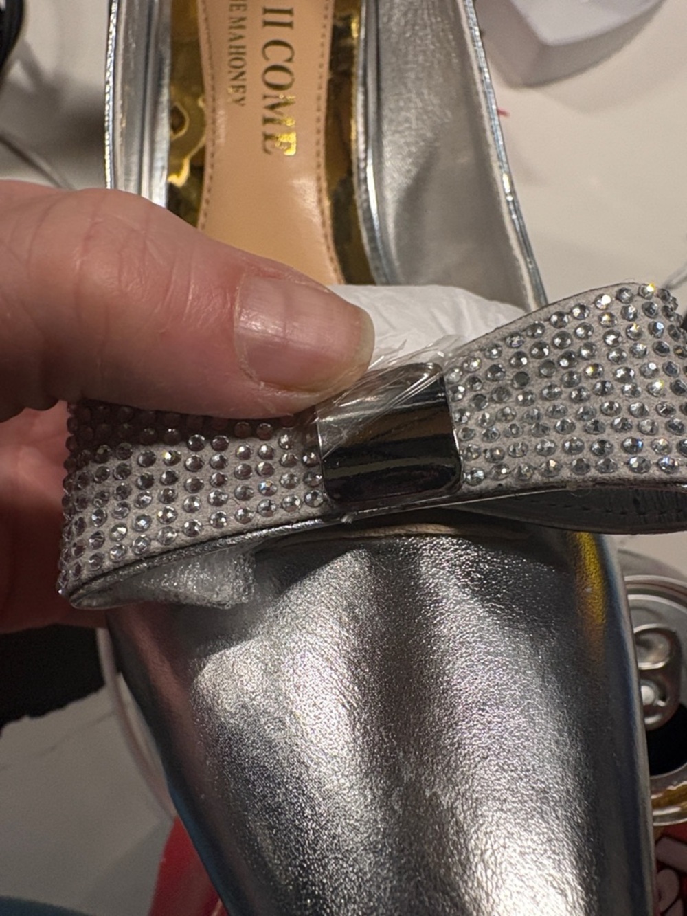 Women's Silver Pointed-Toe Bow Heels with Embellished Accent - Picture 6 of 6